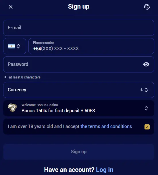 Log in and create a Spinay Casino account